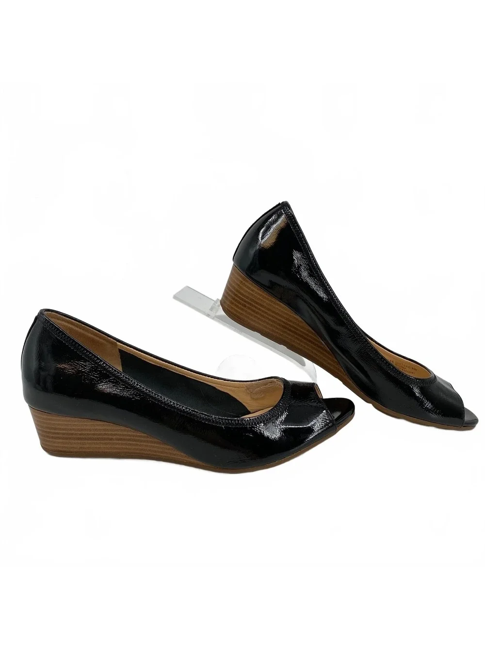 Cole Haan Black Patent Leather Air Tali Peep Toe Wedges | Women’s US8